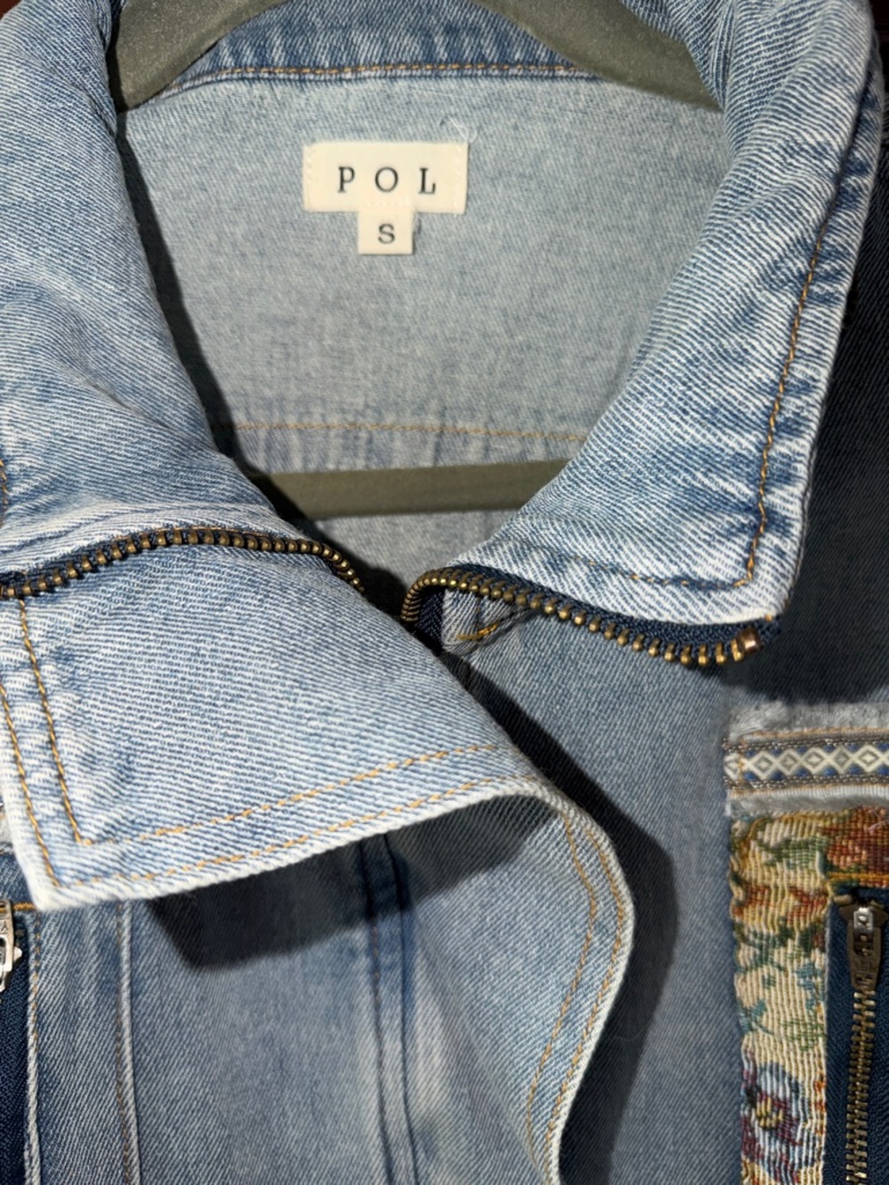 POL Light Blue Denim Jacket with Floral Tapestry Panels - Picture 3 of 5